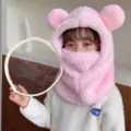 Warm pink bear ear fleece hat with detachable transparent face shield for kids - Kids Style with Mask (WHHT539-N)