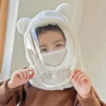 White plush bear ear winter balaclava with clear anti-fog face shield for kids - Kids Style with Mask (WHHT539-P)