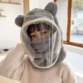Winter warm grey fleece bear ears integrated hat with transparent anti-fog face shield - Kids Style with Mask (WHHT539-Q)