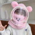 Cute pink plush bear hat with integrated face shield and neck gaiter for winter - Kids Style with Bear Embroidery Mask (WHHT539-R)