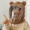 Cute brown bear ear winter hooded hat with anti-fog face shield and warm fleece lining - Kids Style with Bear Embroidery Mask (WHHT539-S)