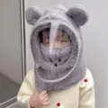 Grey fleece hooded hat featuring cute bear ears and anti-fog face shield for girls - Kids Style with Bear Embroidery Mask (WHHT539-T)