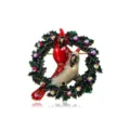 Elegante weihnachtliche Vogelkranz-Brosche mit bunten Strasssteinen und Emaille-Finish - Rot