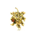 Vintage gold maple leaf brooch with Green Man face and detailed red enamel rose. - Vintage Mask Leaf with Rhinestone