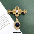 Vintage Baroque matte gold brooch pin with pearl and blue gemstone drop, 4.8x5.5cm - Baroque Holy Pendant / Matte Gold