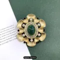 Vintage μπαρόκ ματ χρυσή καρφίτσα με πράσινη οβάλ πέτρα και πέρλες λεπτομέρειες - Σμαράγδι με Δαντελένια Μαργαριτάρια (12) / Ματ Χρυσό