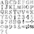 Detailed sheet view of floral alphabet and number PET stickers for DIY scrapbooking. - Letters and Numbers (Silver Foil)