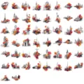 Detailed grid of 50 PET stickers featuring floral world landmark illustrations - Architectural Floral (Foil Stamping)