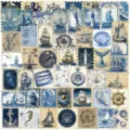 Detail showing 50 vintage blue nautical stamp stickers with sailing ships and anchors - 50 Pcs Blue Nautical Stamps TJ014