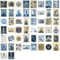 Set of fifty vintage blue nautical postage stamp stickers featuring golden bronzing details - Vintage Blue Marine Stamp (Foil Stamping)