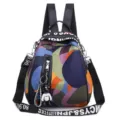 Front view of a colorful Oxford shell backpack with vibrant patterns and a bear keychain - Shell Shaped Backpack (T) / Multicolor Patchwork (Without Pendant)