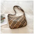 Sac à bandoulière tissé vintage multicolore avec grande capacité et design patchwork - Kaki