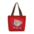 Bolso de lona roja con un lindo estampado de oso de dibujos animados y asas marrones - Oso Rojo