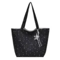 Large capacity black tote bag featuring white star print and silver star pendant - Single Bag / Black
