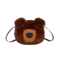 Cute brown bear plush crossbody shoulder bag for women and girls in soft fuzzy winter style - Brown