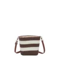 Elegante bolso bandolera tipo cubo de paja a rayas para vacaciones y estilo de verano. - Raya Café
