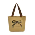 Bolso tote de lona beige con estampado de lazo negro y asas marrones oscuras para diario - Lazo Caqui