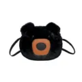 Kawaii cartoon black plush bear crossbody shoulder bag with a brown snout variant - Black