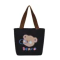 Bolso tote de lona negra con un lindo estampado de oso y correas marrones resistentes - Oso Negro