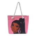 Bolso de mano rosa con ilustración de chica negra y asas de cuerda blanca gruesa - Estampado Chica Negra Coleta Rosa / Patrón 5
