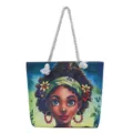 Bolso tote de lona con estampado de niña africana y asas de cuerda blanca resistentes - Estampado Chica Negra Diadema Flores Fondo Azul / Patrón 6