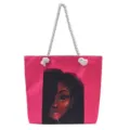 Bolso rosa con estampado de chica negra y asas de cuerda blancas - Estampado Chica Negra Piruleta Corazón Rosa Fucsia / Patrón 7