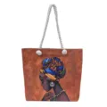 Bolso tote elegante con retrato de mujer negra y asas gruesas de cuerda blanca - Estampado Perfil Mujer Turbante Colorido Base Marrón / Pattern 8
