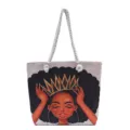 Elegante bolso tote de lona con estampado de niña negra y asas de cuerda gruesa blanca - Patrón Nueve