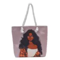 Bolso tote de lona malva con ilustración de chica negra y resistentes asas de cuerda - Patrón Diez