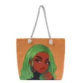 Bolso tote de moda con estampado de chica negra y asas de cuerda sobre fondo naranja - Patrón Doce