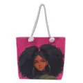 Elegante bolso tote rosa con estampado de niña negra y gruesas asas de cuerda blanca - Patrón Trece