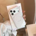 Close-up of clear iPhone case with white magnetic ring and glitter star patterns - Transparent Magnetic/Gilded White Texture / iPhone 17 Pro Max