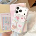 Detail of cute transparent iPhone case featuring 3D cartoon bear and rabbit stickers. - Transparent 3D Magic Rabbit Bear / iPhone 18