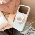 Coque iPhone bleue à motif d'étoiles avec support de miroir en forme de cœur - Motif Étoile Magnétique (Avec Support Miroir) / Monture Noire Verre Bleu Ciel / iPhone 18 Pro Max
