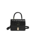 Elegante bolso bandolera cuadrado negro acolchado con asa superior y solapa bordada - Negro