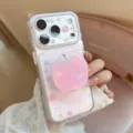 Detailed close-up of the pink peach phone grip on a cute clear Korean iPhone case - iPhone 17 Pro Max / Transparent Gilded Pink Apple (With Stand)