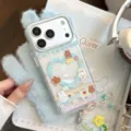 Close-up detail of cute rabbit iPhone case with colorful floral beaded lanyard. - With Colorful Flower Chain / Transparent Blue Bunny / iPhone 17 Pro Max