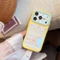 Detailed view of yellow iPhone case featuring cute Fer Island animal patterns and acrylic finish. - Yellow Ribbon Pet / iPhone 17 Pro Max