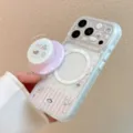 Gros plan sur une coque iPhone magnétique avec motif d'animaux mignons et support - 14 Pro Max / Bleu Étoilé Motif Croquis + Support Magnétique Sieste