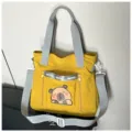 Japanese style yellow canvas tote bag with cute cartoon capybara print for students - Yellow