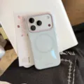 Coque iPhone magnétique bleu clair minimaliste avec contour caméra rose élégant - Pour iPhone 17 Pro Max / Bleu Ciel (Support Magnétique)