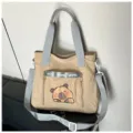 Cute cartoon capybara print tote bag with adjustable shoulder strap for students - Khaki
