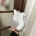 Stylish metallic silver and white guitar-shaped crossbody bag with guitar string detail - Guitar Shape / Silver