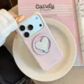 Coque iPhone magnétique rose avec support de bague en forme de cœur à paillettes - Pour iPhone 17 Pro Max / Rose Baie (Support Magnétique)