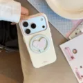 Détail de la coque crème avec support magnétique en forme de cœur et bord rose caméra - Pour iPhone 17 Pro Max / Blanc Poire (Style Support Magnétique)