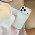 Detailed shot of transparent iPhone case with white lace texture and yellow hearts - Yellow Lace Heart (Varnish) / 17promax / Clear