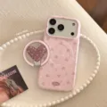 Λεπτομέρεια ροζ θήκης iPhone με λουλούδια και ασορτί βάση δαχτυλιδιού σε σχήμα καρδιάς - Iphone 18 / Μαγνητικό Ροζ Ανθικό (Με Βάση)