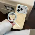 Gros plan de la coque iPhone jaune avec support à anneau magnétique en forme de cœur et étoiles. - Style avec Support Citron Cœur / Jaune mangue / Iphone 18