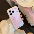 Vue détaillée de la coque iPhone rose avec pois irisés chatoyants et grande fenêtre de caméra - iPhone 17 Pro Max / Blanc Nacré (Pois Roses)