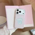 Detail view of transparent iPhone case with pink vertical stripes and blue cartoon puppy - iPhone 17 Pro Max / Transparent Pink Stripe Blue Dog